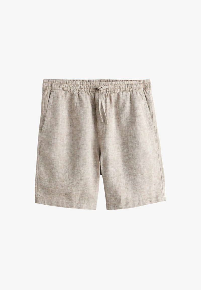 Short en lin beige clair avec taille élastique et cordon, doté de poches latérales et d'une coupe décontractée.