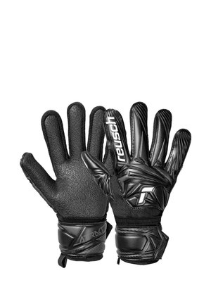 Black textured goalkeeper gloves with wrist straps, the right glove showing the "Reusch" brand logo on the backhand.