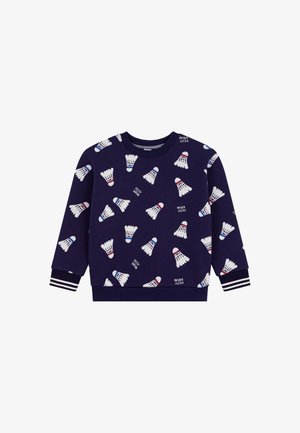 Marineblauwe sweatshirt met een patroon van witte shuttlecocks, met rode en blauwe accenten en gestreepte cuffs. Gemaakt van zachte, gestructureerde stof.