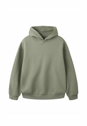 Sweat à capuche vert olive uni avec manches longues et poignets et ourlet côtelés, présenté de face sur fond blanc.