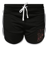 Černé sportovní šortky se šňůrkou v pase, bílými postranními pruhy a potiskem "NYC 10" v kontrastní barvě na levé noze.