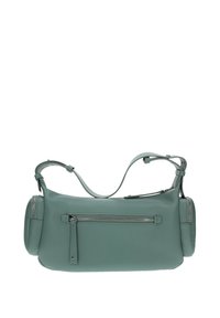 Borsa a spalla in pelle verde con texture liscia, forma cilindrica e tracolla regolabile. Presenta una tasca frontale con zip.