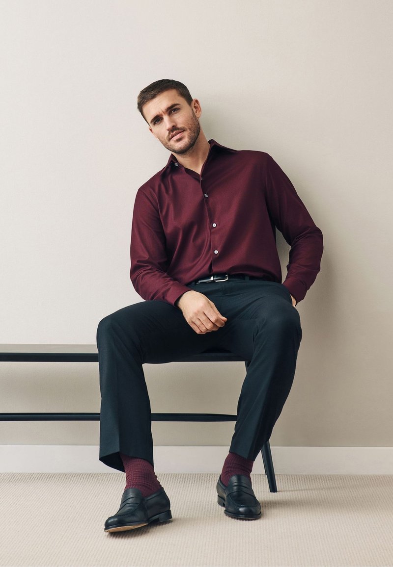 slim fit dress slacks Red Silk Long Sleeve Dress Shirt