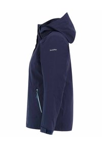 Navy blue waterproof jacket with adjustable hood, zippered front pocket, and elastic cuffs. Features a smooth texture and minimal design.