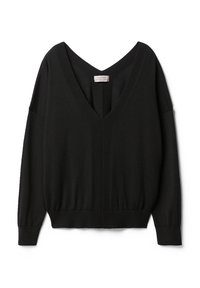 Czarny sweter z głębokim dekoltem w kształcie litery V, szerokimi rękawami i dopasowanym dołem. Miękka tekstura i minimalne przeszycia z przodu.