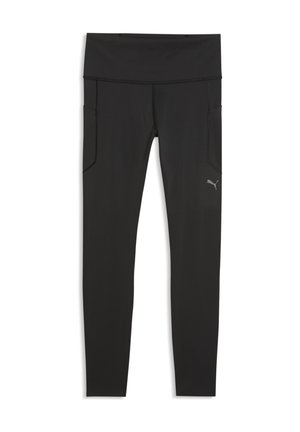 Sorte tætsiddende sportsleggings med høj talje og sidelommer, med et lille Puma-logo på højre lår.