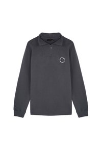 Donkergrijze sweatshirt met een kwart-rits kraag, lange mouwen en een klein rond logo op de borst. Zachte stof, ontspannen pasvorm.