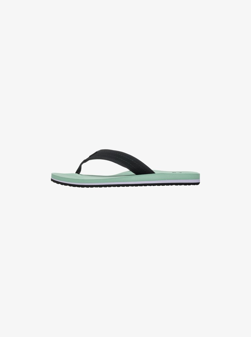 Schwarze Flip-Flops mit einem strukturierten Riemen, grüner Sohle und weißen Akzenten. Leichtes Design mit flachem Profil und gummierter Unterseite für besseren Halt.