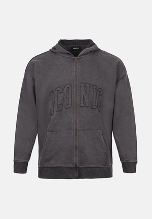 Grå zip-up hoodie i mjuk bomullsblandning, med en stor präglad design "ICONIC" på framsidan och två framfickor.