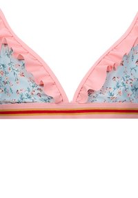 Top bikini triangolare con bordi arricciati rosa, stampa floreale blu e fascia orizzontale con accenti rossi e gialli.