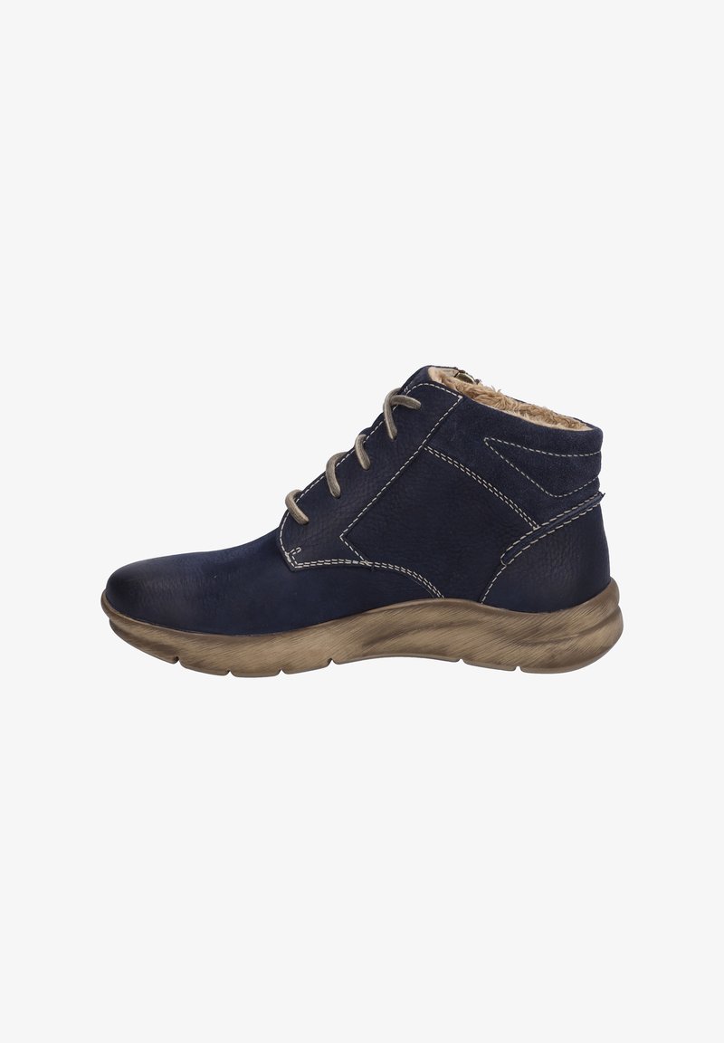 Bottine bleu marine avec surpiqûres beiges, col rembourré, doublure en fourrure, laçage à l'avant et semelle marron texturée, vue de profil.