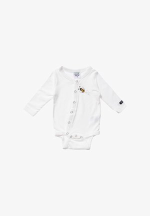 Weißer Baby-Body mit langen Ärmeln, Druckknöpfen entlang der Vorderseite und einer kleinen Bienenverzierung auf der Brust.