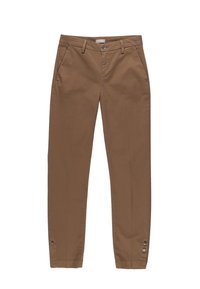 Pantalon en coton marron avec une coupe droite, des poches avant et une fermeture à bouton. Détail notable : boutons décoratifs à la cheville.