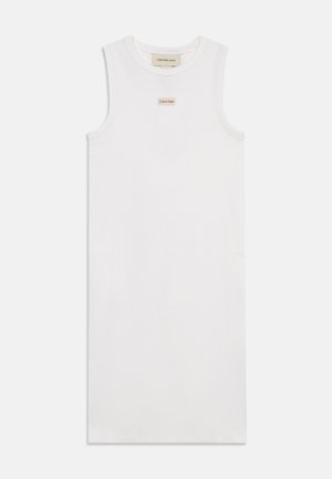 White sleeveless midi dress with round neckline and small Calvin Klein logo patch centered below the collar.