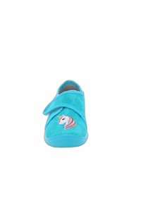 Turquoise schoen met een zachte textuur, voorzien van een eenhoorn borduurwerk en een klittenbandsluiting voor een stevige pasvorm. Rond toeontwerp.