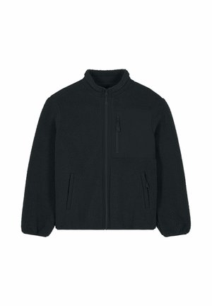 Giacca in pile nera con cerniera frontale, collo alto e due tasche laterali. Presenta una tasca sul petto con chiusura a cerniera. Texture morbida.