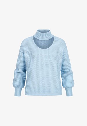 Gaiši zils adīts džemperis ar augstu apkakli, atvērtu krūšu izgriezumu un puffētiem piedurknēm. Strukturēta auduma ar ribotu rakstu visā.