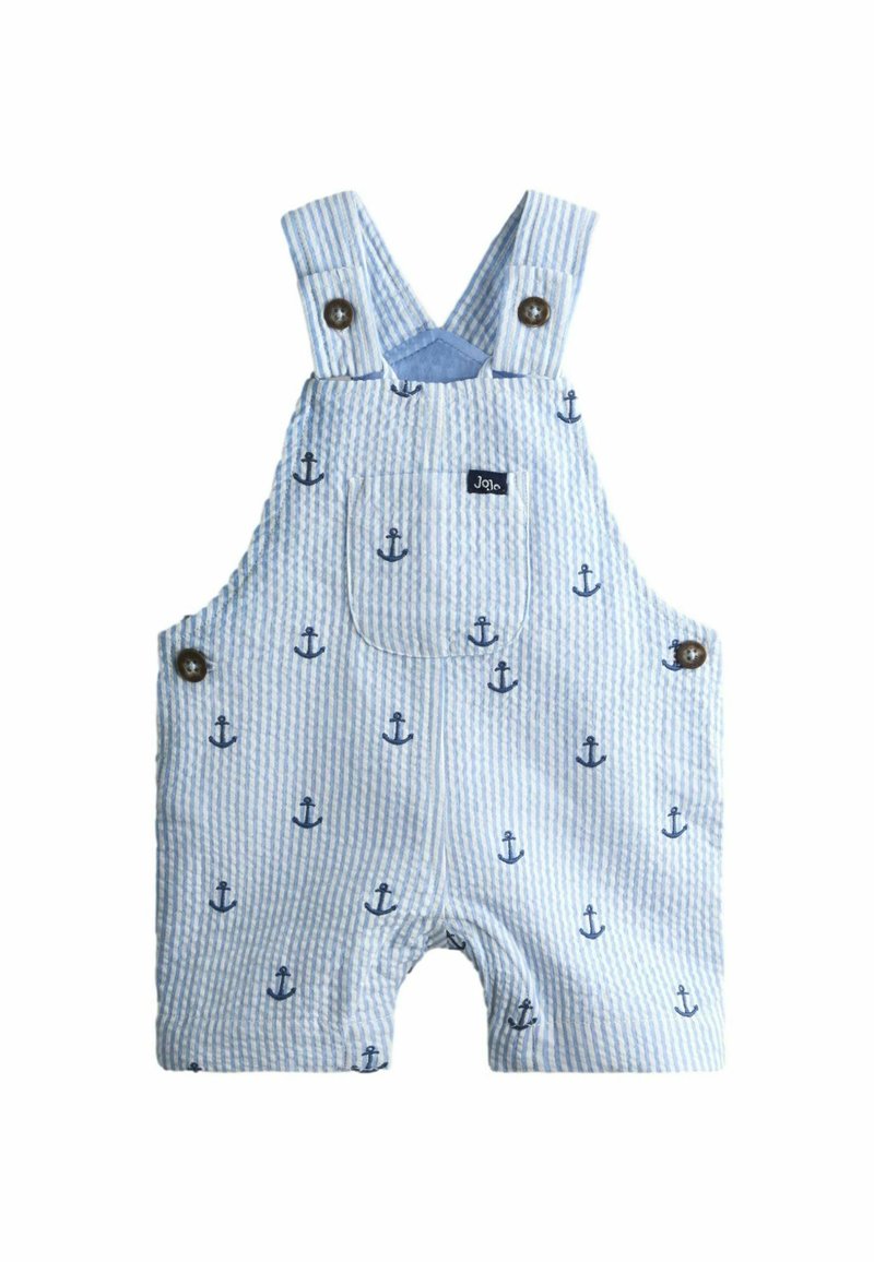 Salopetă din denim albastru în dungi cu modele cu ancora navy, bretele reglabile și un buzunar frontal cu etichetă logo.