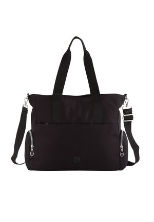 Schwarze Stofftasche mit zwei oberen Griffen, verstellbarem Schultergurt, seitlichen Reißverschlusstaschen und einem runden Logo auf der Vorderseite.