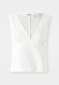 White sleeveless top with a deep V-neck, featuring gathered details at the sides, made from a textured fabric, and a straight hem.