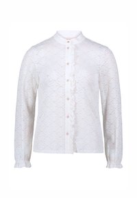 Blusa bianca in pizzo con maniche lunghe, colletto alto, chiusura frontale con bottoni, dettagli in volants lungo la patta, e motivo floreale testurizzato.