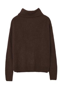Maglione marrone lavorato a maglia con colletto alto, vestibilità morbidamente ampia, trama a costine e spalle scese. Il retro presenta un design semplice e senza cuciture.