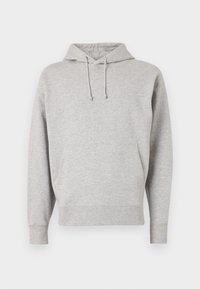 Grå huvtröja i mjukt material, med en dragsko i huooden, långa ärmar och ribbad nederkant. Enkelt design utan synliga mönster.