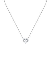 Collana d'argento con un pendente a forma di cuore, caratterizzata da gemme trasparenti disposte in un motivo dettagliato, con una catena fine.