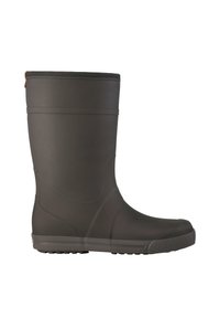 Schwarzer Gummiregenstiefel mit glatter Oberfläche, abgerundeter Zehenpartie, strukturiertem Profil, knöchelhohen Design und einem kleinen Stoffakzent oben.