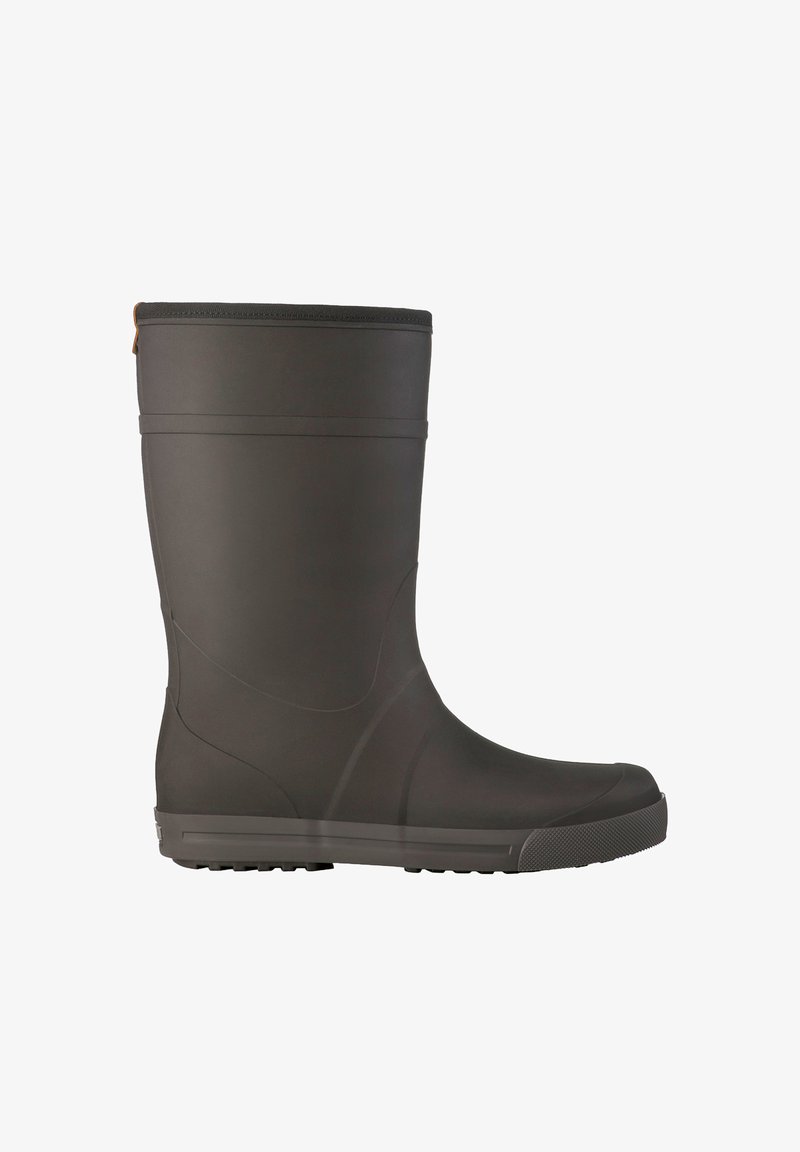 Schwarzer Gummiregenstiefel mit glatter Oberfläche, abgerundeter Zehenpartie, strukturiertem Profil, knöchelhohen Design und einem kleinen Stoffakzent oben.