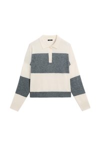 Sweter polo z długim rękawem w kolorze kremowym i szarym, z poziomymi paskami, kołnierzykiem, trzema guzikami oraz dopasowanym dolnym ściągaczem.