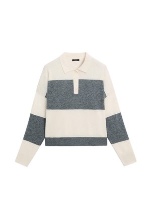 Sweter polo z długim rękawem w kolorze kremowym i szarym, z poziomymi paskami, kołnierzykiem, trzema guzikami oraz dopasowanym dolnym ściągaczem.