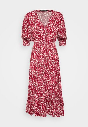Rød midi-kjole med hvidt blomsterprint, V-hals, puffede albuelange ærmer, elastisk talje og flæsekant.