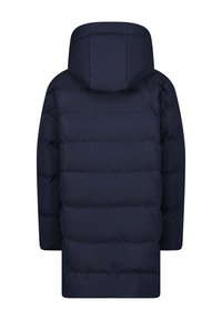 Giacca imbottita blu navy con cappuccio, caratterizzata da sezioni trapuntate, una superficie esterna liscia e senza dettagli in metallo visibili sul retro.