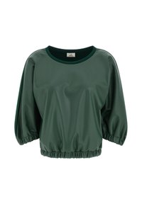Top corto de color verde oscuro y brillante con cuello redondo. Presenta un dobladillo fruncido y mangas voluminosas con puños elásticos.