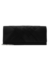 Černé psaníčko s tkaným plisovaným designem, z měkké látky, obdélníkového tvaru a se stříbrným řetízkovým popruhem. Uzávěr není viditelný.