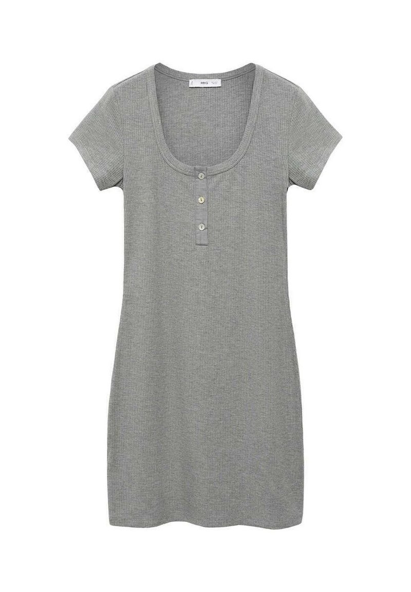 Abito corto grigio a coste con maniche corte, scollo a barca e apertura con tre bottoni. Texture morbida e design a lunghezza ginocchio. Colore semplice e monocromatico.