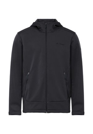 Schwarze Softshell-Jacke mit Kapuze, durchgehendem Frontreißverschluss, zwei seitlichen Reißverschlusstaschen und langen Ärmeln, entwickelt für den Einsatz im Freien.