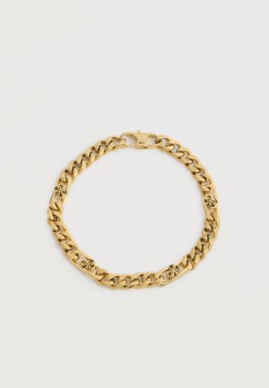 Guldtonet kædearmbånd med sammenlåste led og dekorative charms i blomsterform jævnt fordelt langs kæden.