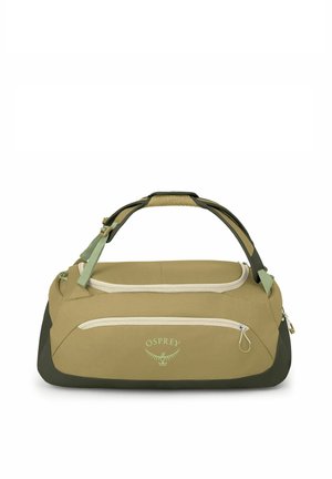 Beige und dunkelgrüne Duffel-Tasche mit zwei Reißverschlussfächern und gepolsterten Tragegriffen, mit Osprey-Logo auf der Vorderseite.