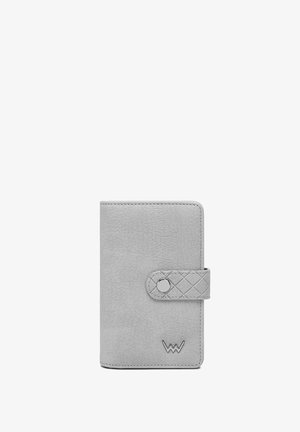 Graue Geldbörse aus Kunstleder mit gestepptem Akzent und Druckknopfverschluss. Verfügt über eine rechteckige Form und ein minimalistisches Design mit geprägtem Logo.