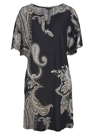 Robe noire à manches courtes avec un motif cachemire beige et blanc, dotée d'un décolleté en V et de fentes sur les côtés pour plus de confort.