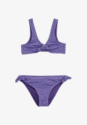 Lila Bikini-Set mit einem gemusterten Oberteil mit Schleifen-Detail und passenden Unterteilen mit Knotenakzenten, beide aus elastischem Material.