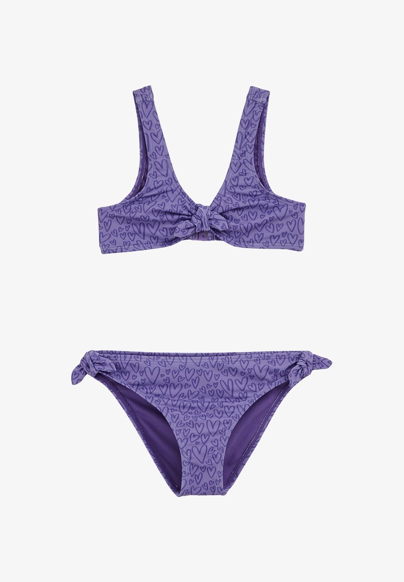 Ensemble de bikini violet comprenant un haut à motifs avec un détail nœud et un bas assorti avec des accents à nouer, le tout en tissu extensible.