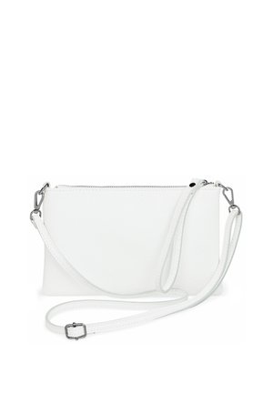 White leather crossbody bag with a smooth texture, zip closure, and adjustable strap. Features silver-toned hardware.