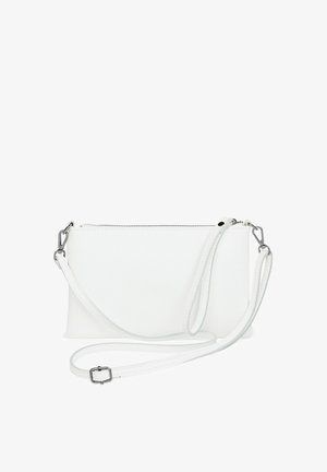White leather crossbody bag with a smooth texture, zip closure, and adjustable strap. Features silver-toned hardware.