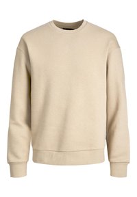 Felpa beige con collo a giro e maniche lunghe, con polsini e fondo a coste, presentata su uno sfondo bianco.