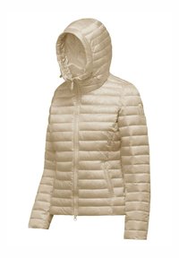 Giacca a vento beige con cappuccio, caratterizzata da un motivo a righe orizzontali, zip anteriore e tasche laterali. Materiale liscio e leggero.