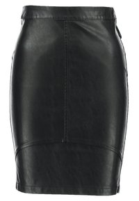 Jupe crayon en cuir noir avec un design ajusté, texture lisse et détails de coutures à la taille et à l'ourlet. Aucun matériel ou embellissement visible.