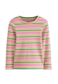 Top de manga larga con canalé y rayas horizontales en rosa, verde, amarillo, blanco y naranja, con escote redondo.